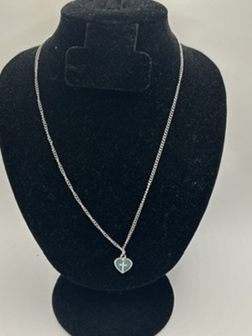 Womens Real Silver Blue Heart Cross Pendant Cable Chain Plated Stainless Steel